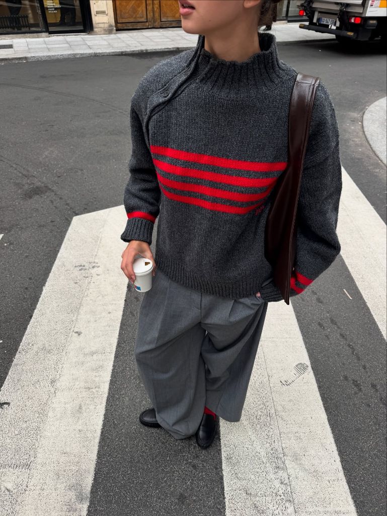 Fall Outfits with Sweater 2026 Charcoal Striped Pullover With Slouchy Tailored Trousers