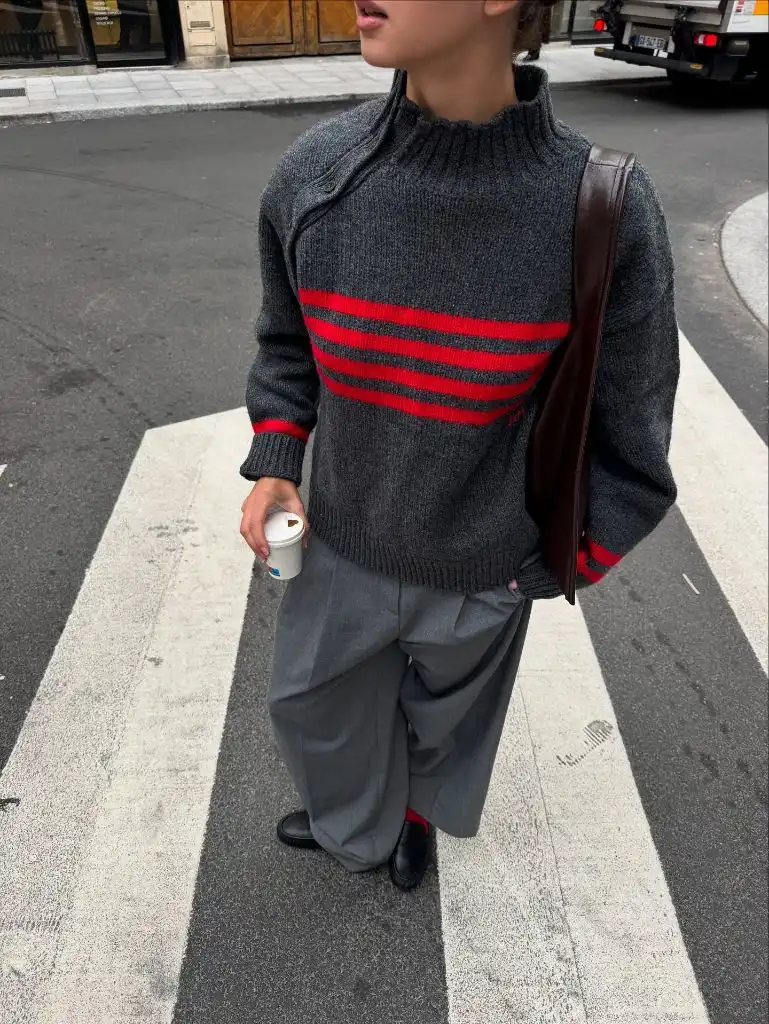 Fall Outfits with Sweater 2026 Charcoal Striped Pullover With Slouchy Tailored Trousers
