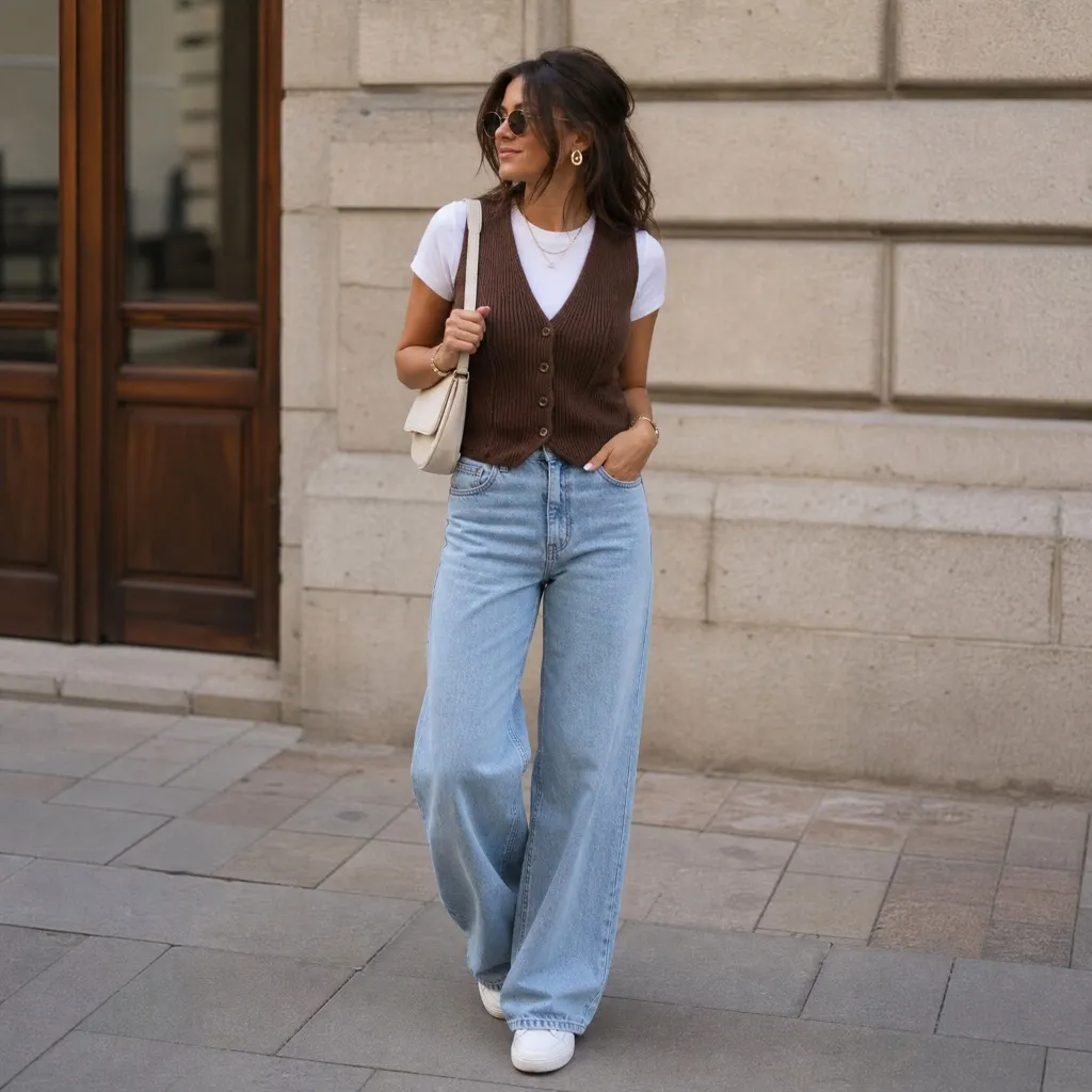 Fall Pants Outfits for Women 2026 Brown Knit Vest Over White Tee With Light Wash Wide-Leg Jeans