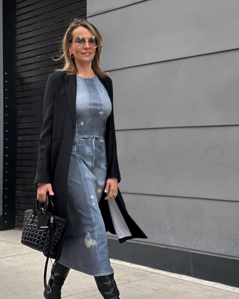 What to Wear This Fall 2026 Over 50 Distressed Denim Midi With Black Blazer and Tall Boots