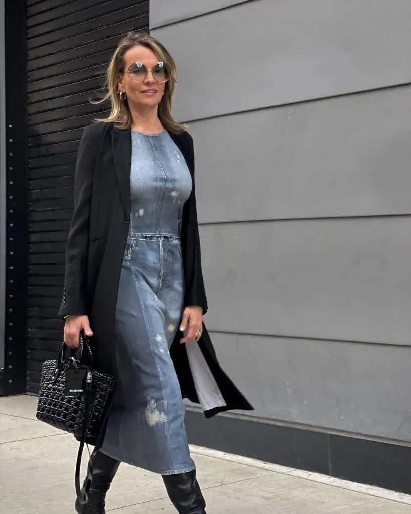What to Wear This Fall 2026 Over 50 Distressed Denim Midi With Black Blazer and Tall Boots