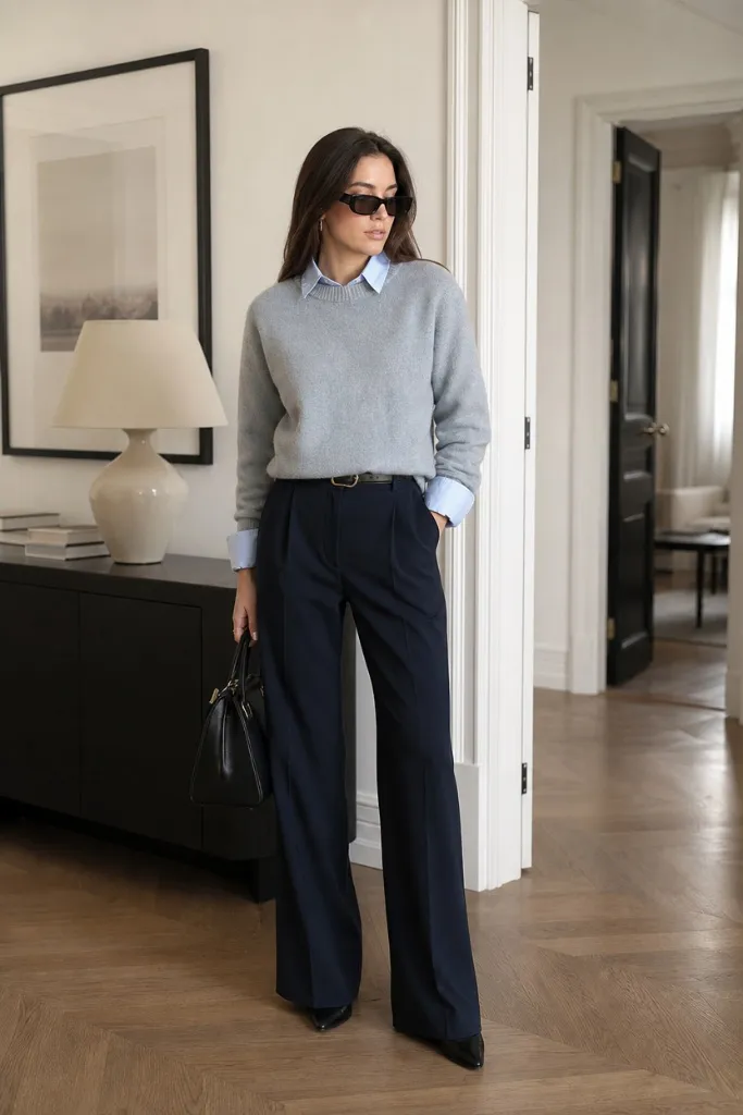 Casual Fall Work Outfits 2026 Soft Gray Crewneck Over Blue Collar With Navy Trousers for Layered Elegance