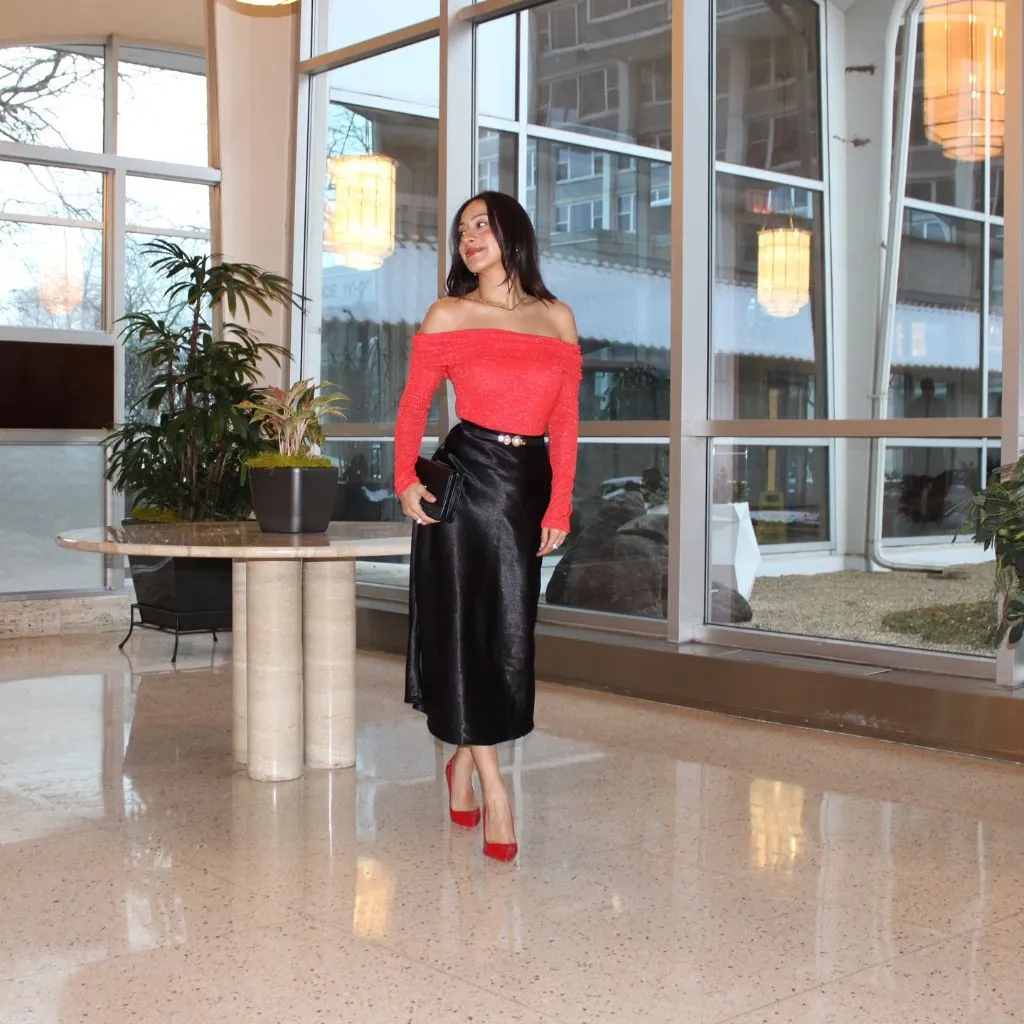 Fall Date Night Outfits 2026 Black Off-Shoulder Top and Satin Skirt for a Sleek Night Out