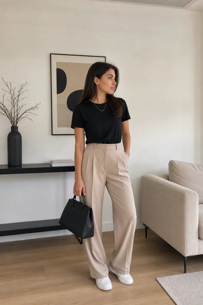Casual Fall Work Outfits 2026 Black Tee With Beige Wide-Leg Trousers for Summer-to-Fall Simplicity