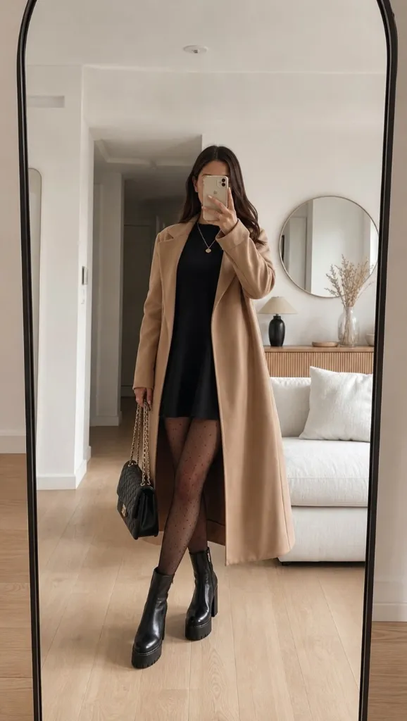 All Outfits with Boots 2026 Camel Coat Over a Black Dress for Cold City Days