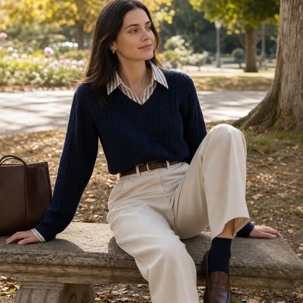 Fall Outfits with Blues for Work 2026 Navy Cable-Knit V-Neck With Cream Chinos and Ivy League Charm