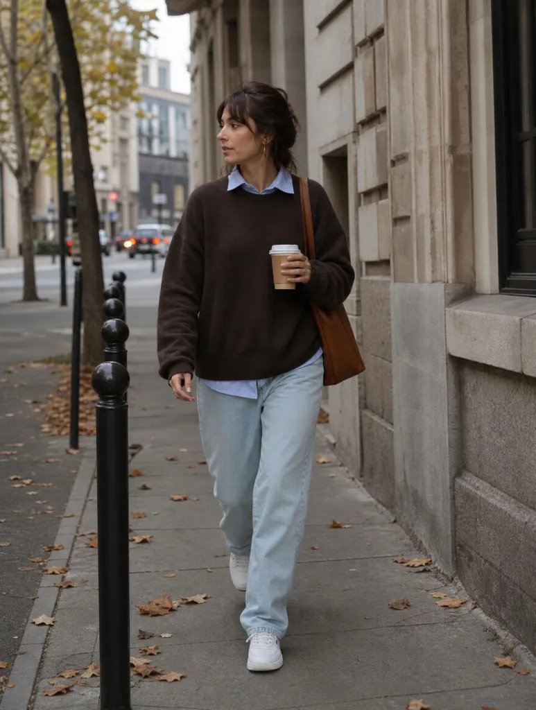 Fall Pants Outfits for Women 2026 Dark Brown Sweater Over Blue Shirt With Light Wash Jeans for Parisian Ease