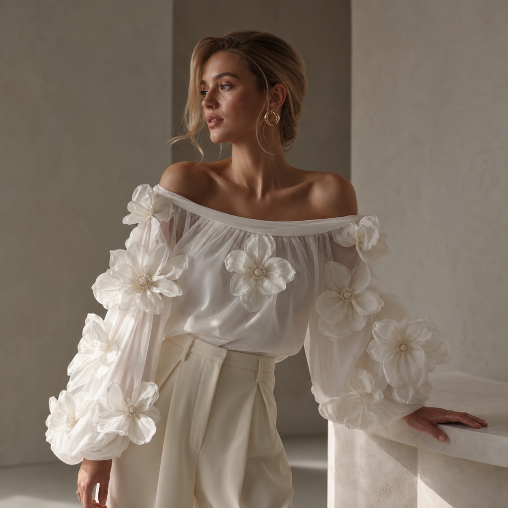 Fall Wedding Guest Dresses 2026 White Off-Shoulder Floral Appliqué Blouse With Cream Trousers