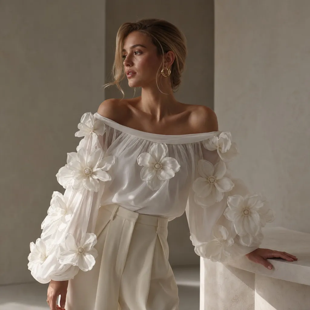 Fall Wedding Guest Dresses 2026 White Off-Shoulder Floral Appliqué Blouse With Cream Trousers