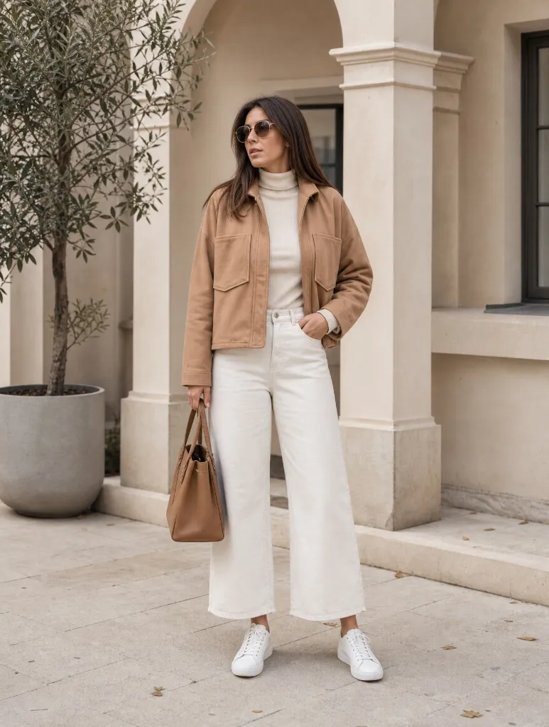 Fall Outfits with Pants 2026 Camel Jacket With White Turtleneck and Cropped Wide-Leg Jeans