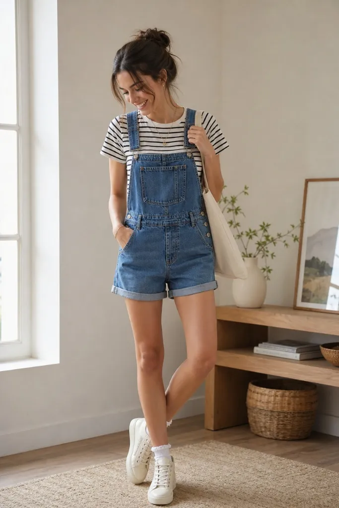 July 2026 Fashion Trends Denim Short Overalls With Striped Tee and Nostalgic Charm