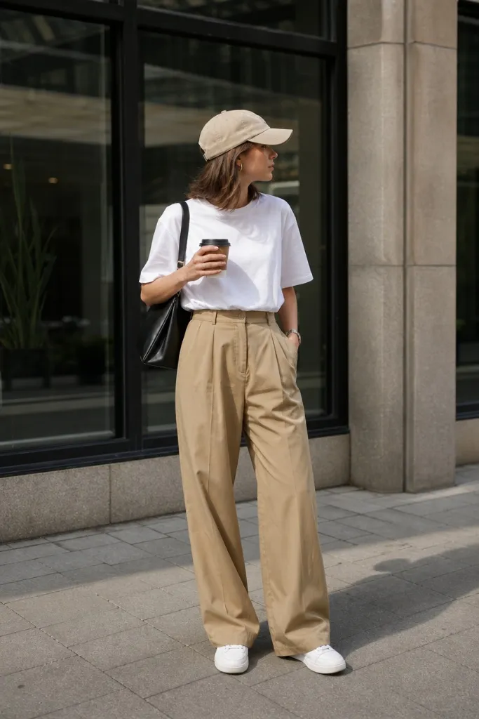 Fall Work Outfits 2026 ideas White Tee With Beige Wide-Leg Trousers and Cap for Weekend-to-Office Ease