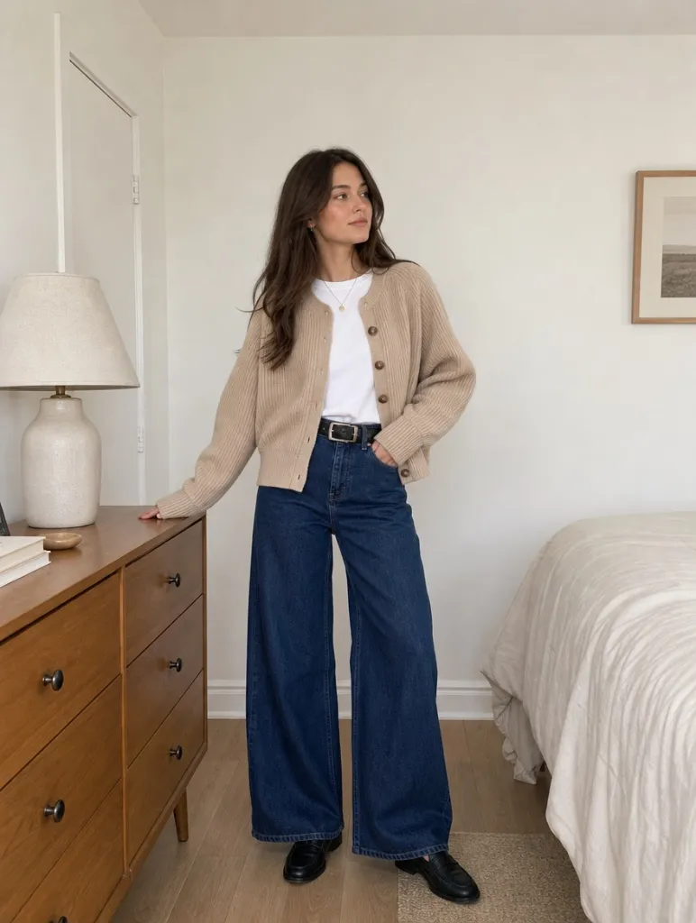 Fall Outfits with Jeans 2026 Beige Cardigan With White Tee and Dark Wide-Leg Jeans