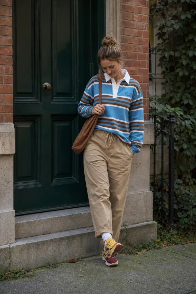 Back-to-School Outfits 2026 Blue Striped Rugby and Khaki Chinos With Retro School Spirit