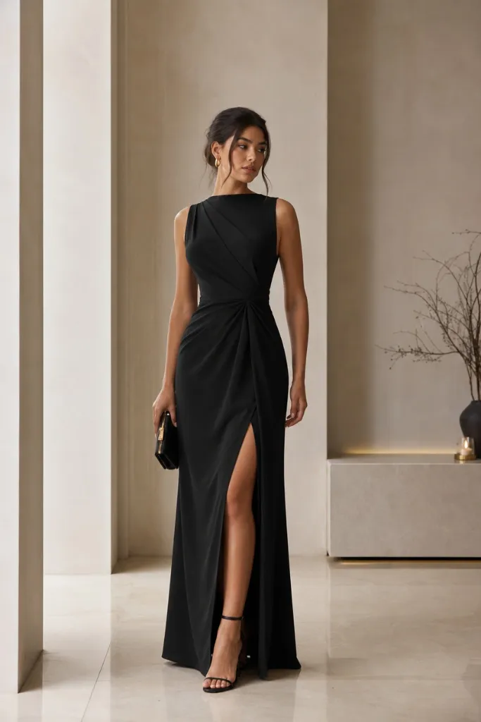 Fall Wedding Guest Dresses 2026 Draped Black Column Gown With Sculptural Waist Detail