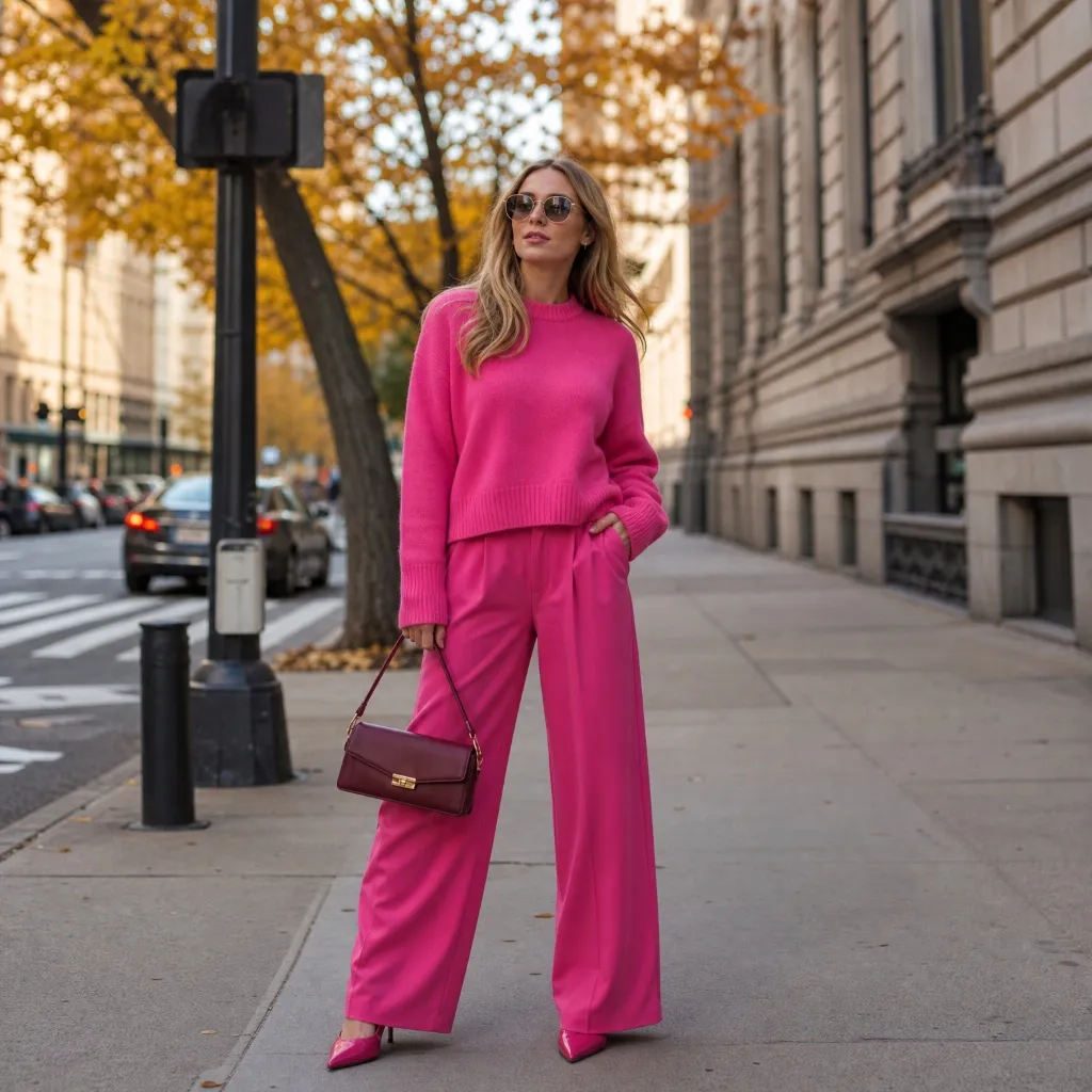 Fall Outfits with Pants 2026 Hot Pink Monochrome Sweater and Wide-Leg Pants