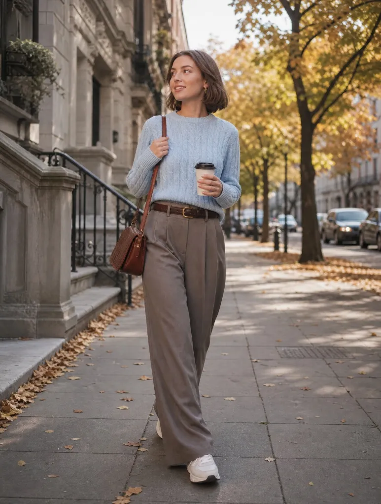 Fall Pants Outfits for Women 2026 Light Blue Cable Knit With Taupe Wide-Leg Trousers for Autumn Walks
