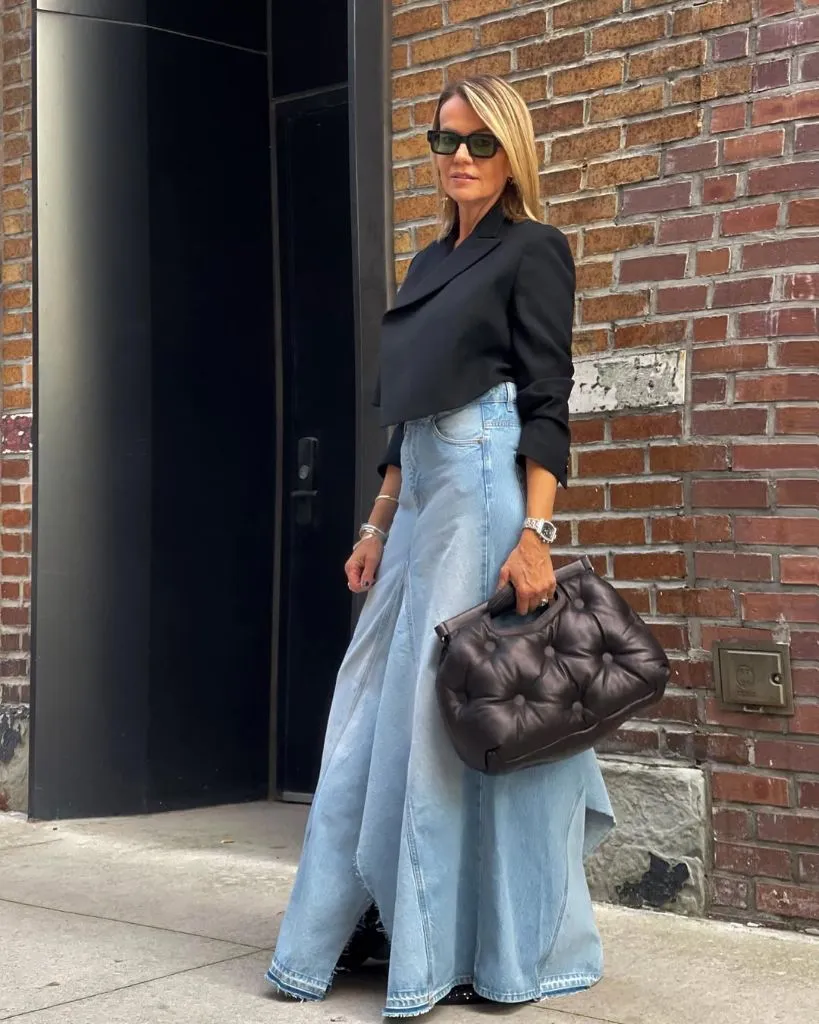 What to Wear This Fall 2026 Over 50 Black Cropped Blazer With Floor-Length Denim Skirt