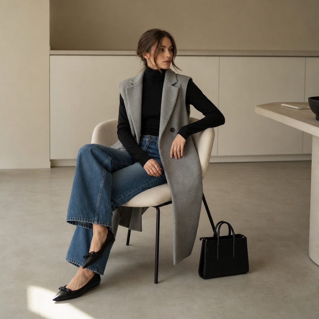 Fall Work Outfits 2026 ideas Sleeveless Grey Vest With Turtleneck and Wide-Leg Jeans for Layered Sophistication