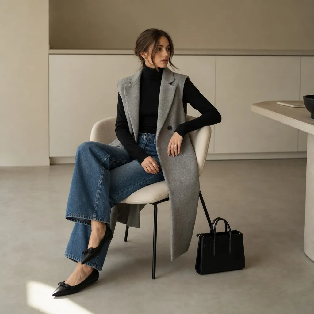 Fall Work Outfits 2026 ideas Sleeveless Grey Vest With Turtleneck and Wide-Leg Jeans for Layered Sophistication