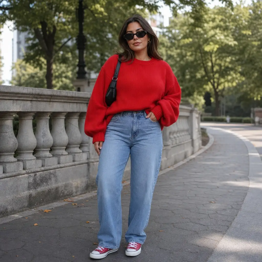 Fall Outfit Ideas for Big Busted Women 2026 Red Oversized Sweater With Light Wide Jeans