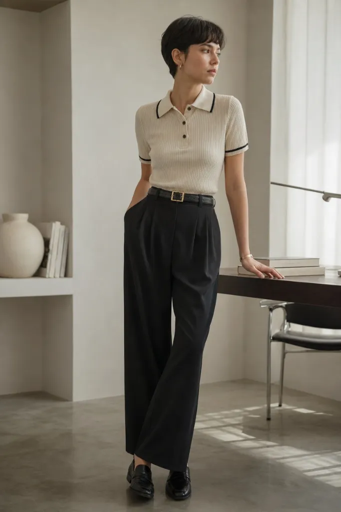 Fall Work Outfits 2026 ideas Cream Polo Knit With Dark Trousers for Quiet Sophistication