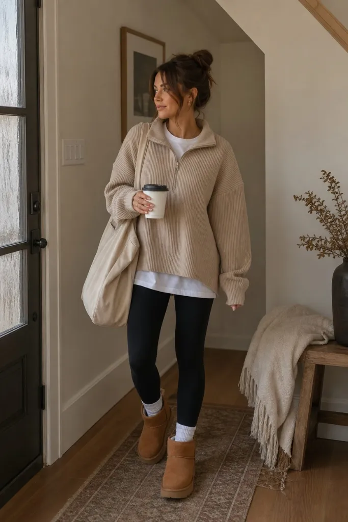 Fall Outfit Ideas with Leggings and Boots 2026 Beige Quarter-Zip Sweater For Errand-Run Comfort