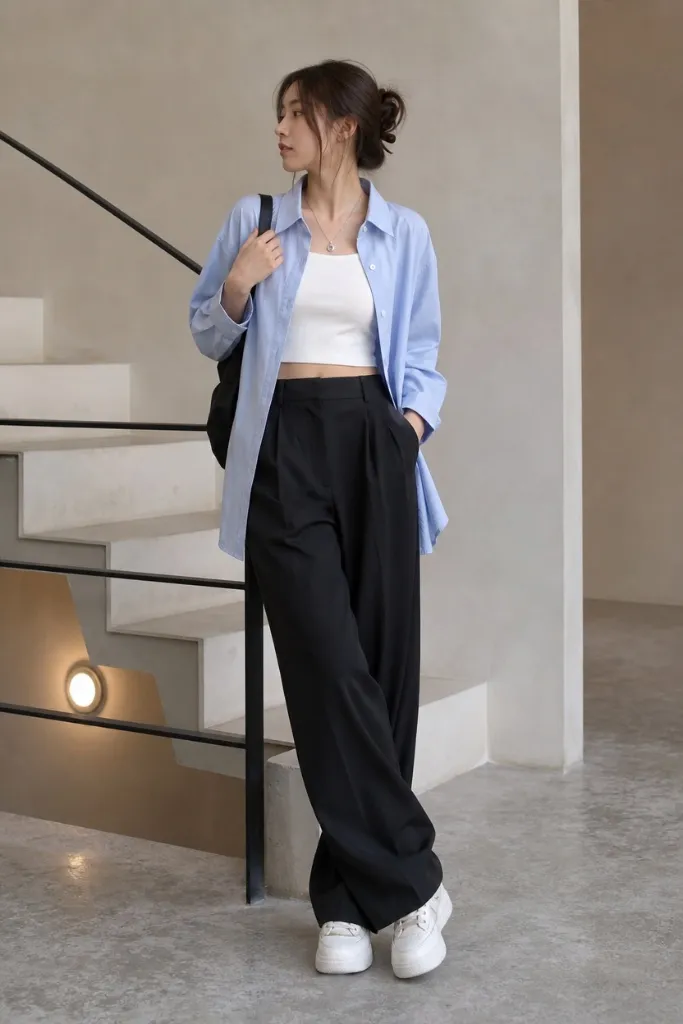 Back-to-School Outfits 2026 Light Blue Button-Down and Black Trousers With Breezy Polish