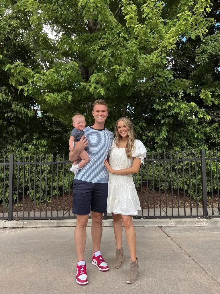 Fall Family Picture Outfits 2026 Red Sneakers and Striped Tees for a Playful Family