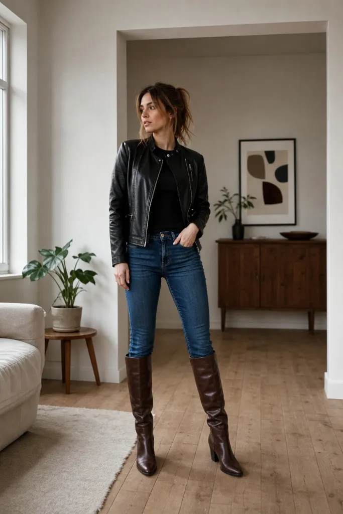 All Outfits with Boots 2026 Black Leather Jacket and Skinny Jeans for Brown Riding Boots