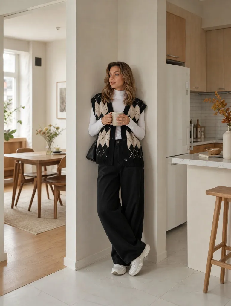 Fall Outfits with Pants 2026 Argyle Vest With White Turtleneck and Black Wide-Leg Pants