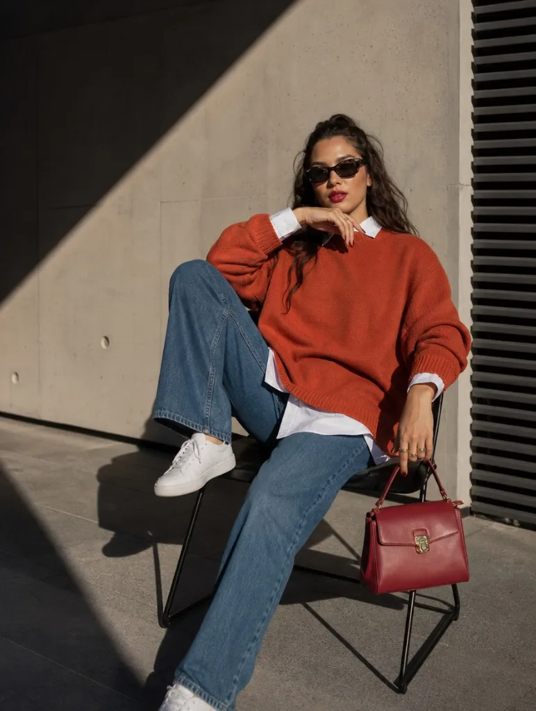 Fall Outfits with Blues for Work 2026 Burnt Orange Oversized Sweater Over White Shirt With Autumn Boldness