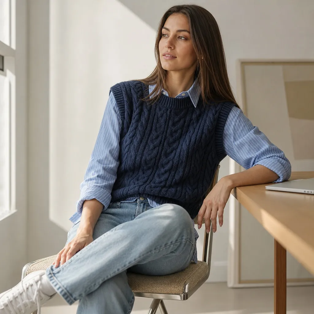 Fall Outfits with Blues for Work 2026 Navy Cable-Knit Vest Over Striped Shirt With Scholarly Warmth