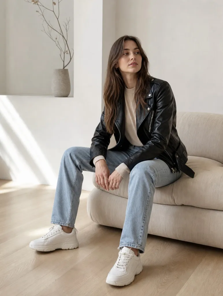 Fall Outfits with Jeans 2026 Black Leather Jacket With Beige Sweater and Slim Jeans