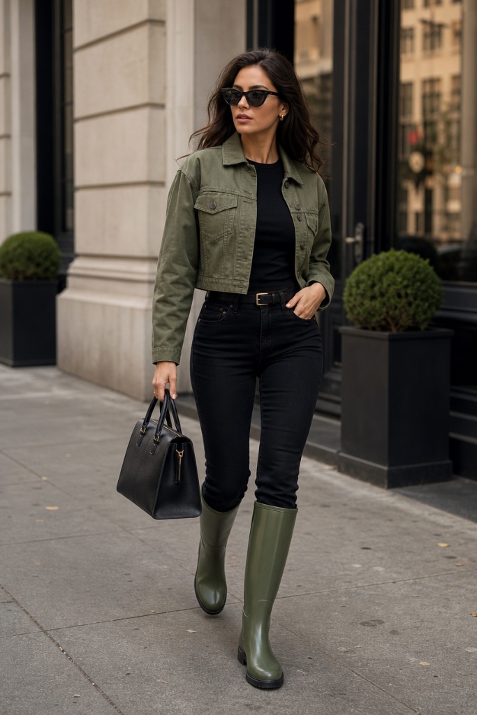 Fall Outfit Ideas with Leggings and Boots 2026 Olive Cropped Jacket For City-Sidewalk Cool