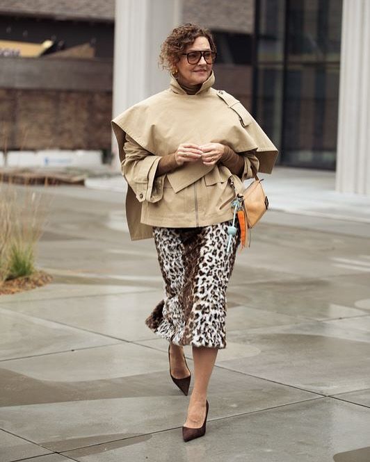 What to Wear This Fall 2026 Over 50 Khaki Cape Jacket With Leopard Print Midi