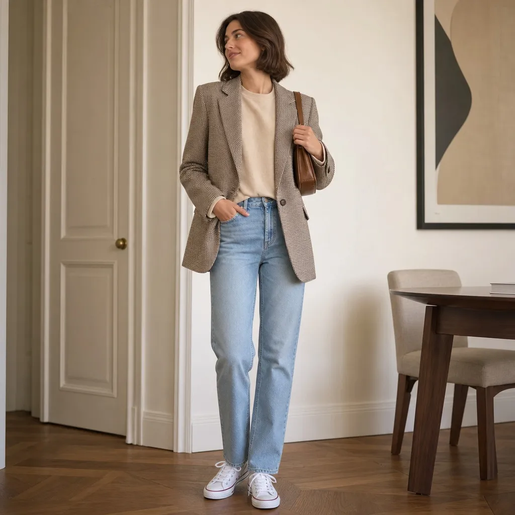 Casual Fall Work Outfits 2026 Houndstooth Blazer With Cream Sweater and Straight Jeans for Smart Ease