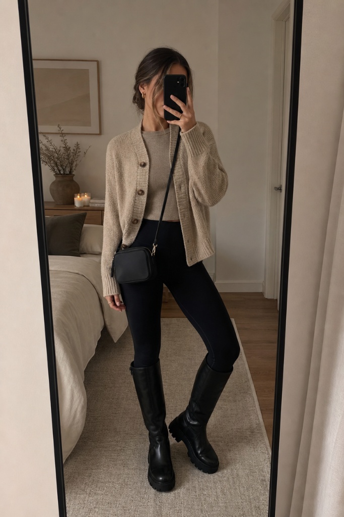 Fall Outfit Ideas with Leggings and Boots 2026 Oatmeal Cardigan With Quiet-Bedroom Layers