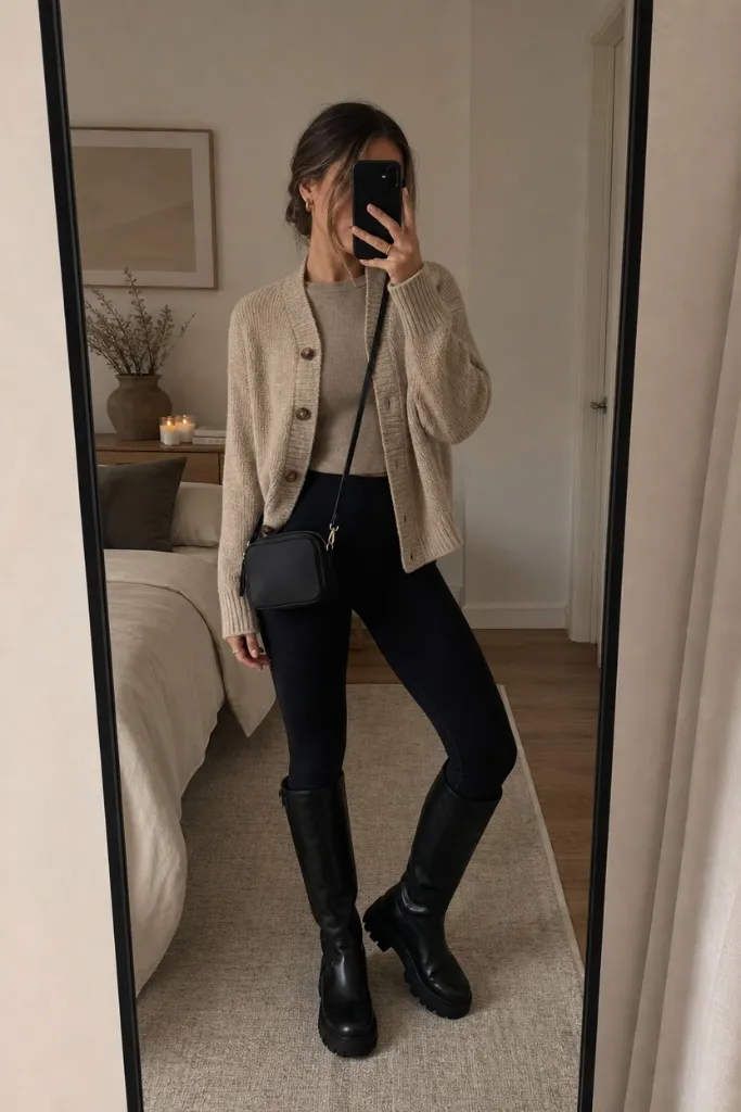 Fall Outfit Ideas with Leggings and Boots 2026 Oatmeal Cardigan With Quiet-Bedroom Layers