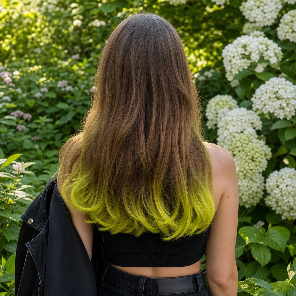 July Hair Color Ideas 2026 Brown-to-Lime Ombré With Bold Creative Energy