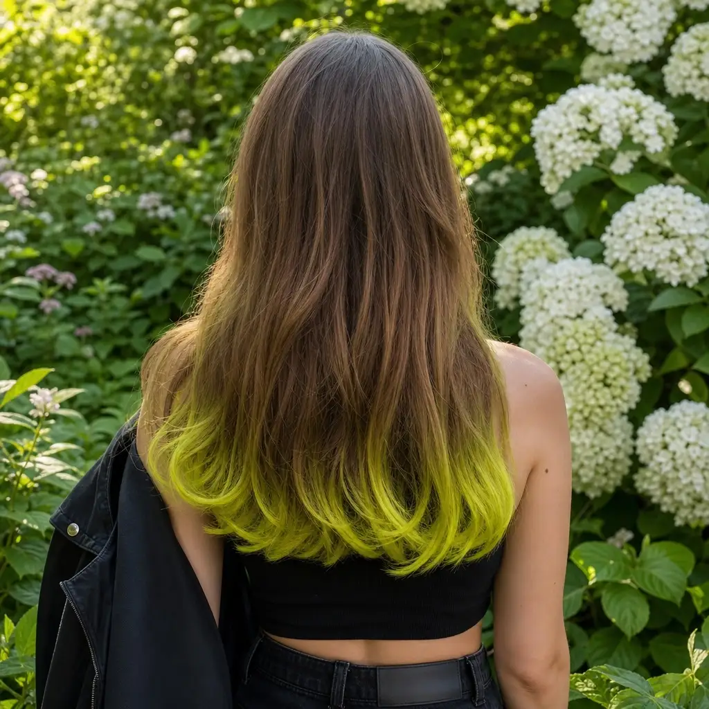 July Hair Color Ideas 2026 Brown-to-Lime Ombré With Bold Creative Energy