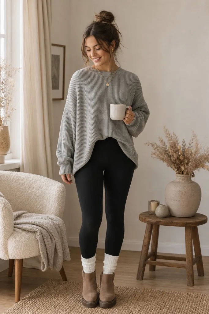 Fall Outfit Ideas with Leggings and Boots 2026 Grey Ribbed Sweater For Slow-Sunday Mornings