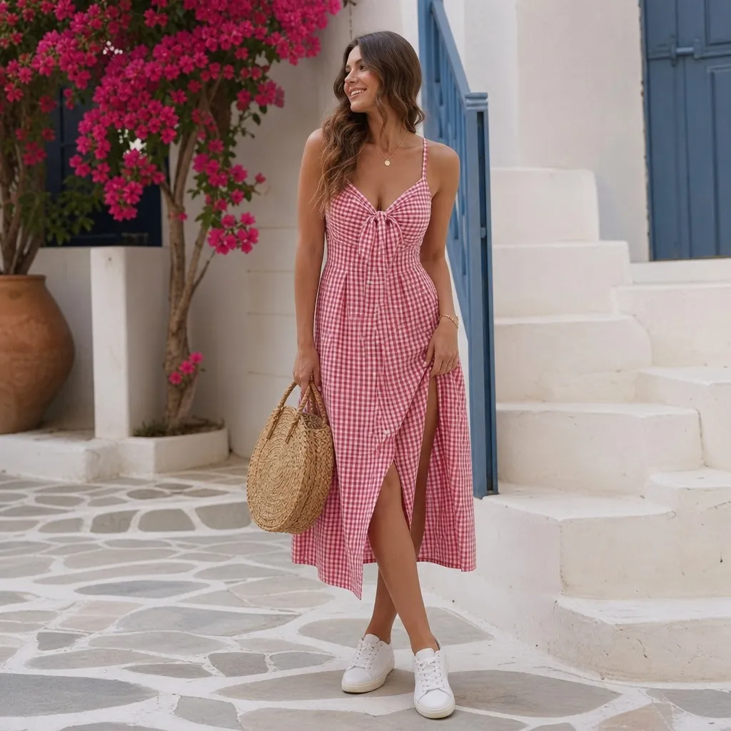 July 2026 Fashion Trends Pink Gingham Midi Dress With Romantic Village Energy