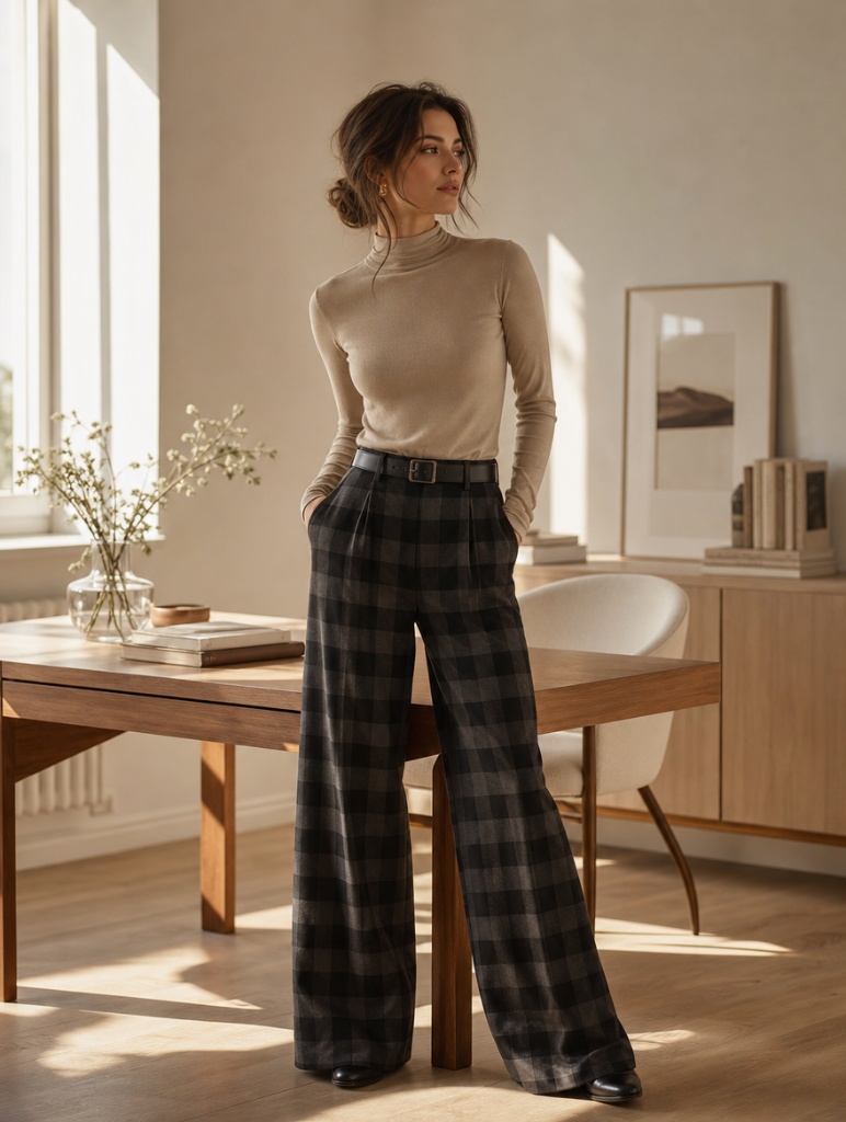 Fall Office Outfit Ideas for Women 2026 Mock Neck With Plaid Wide-Leg Trousers