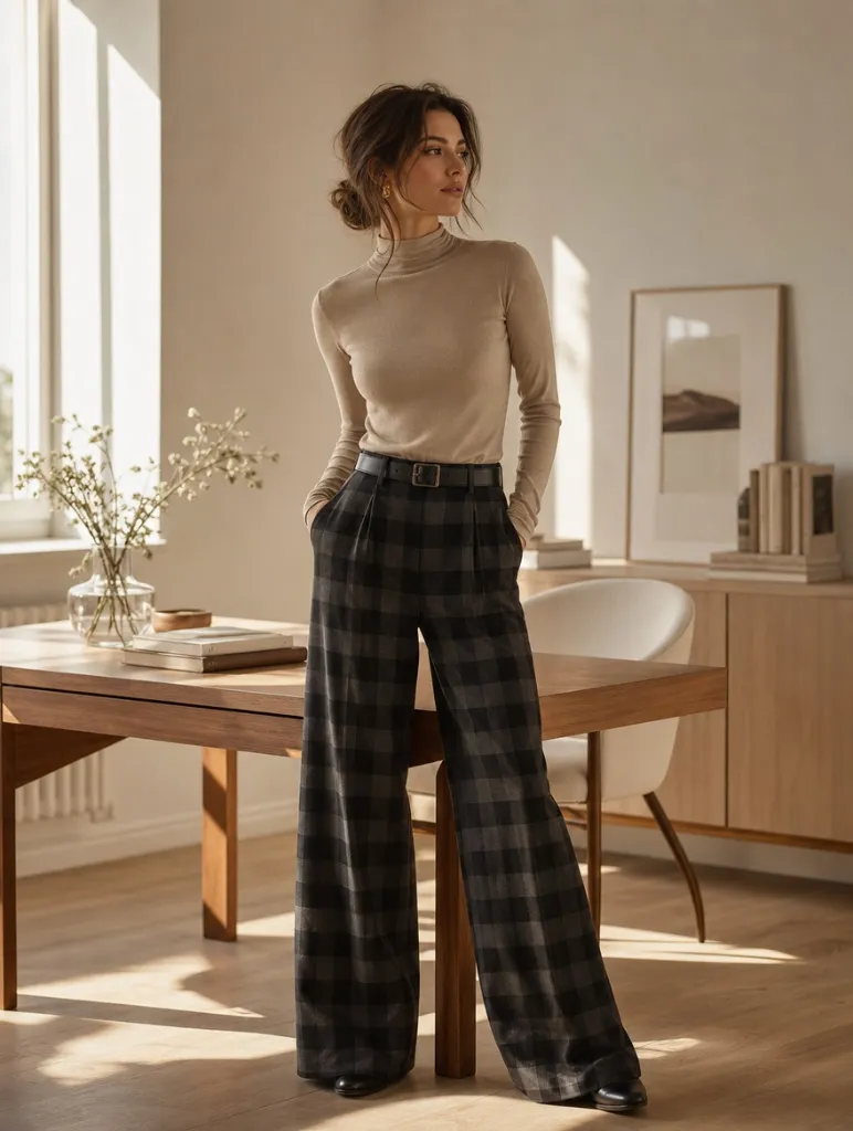 Fall Office Outfit Ideas for Women 2026 Mock Neck With Plaid Wide-Leg Trousers