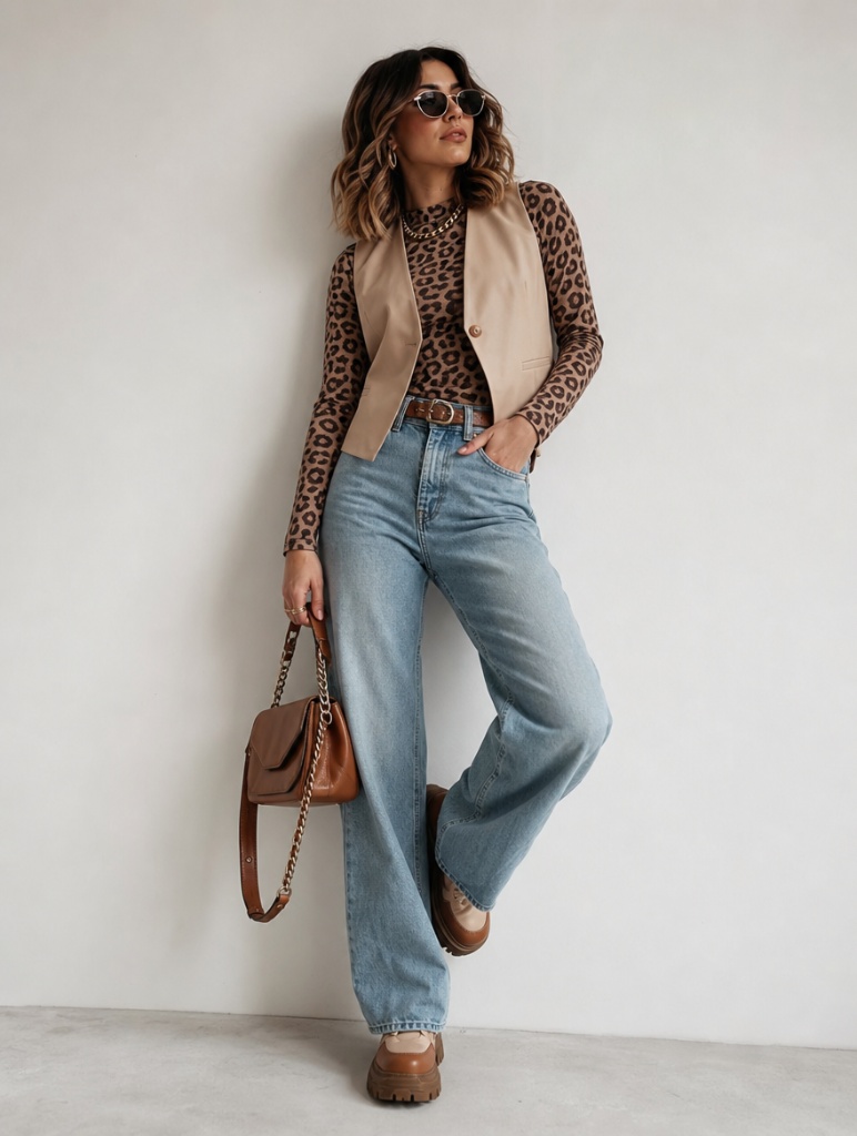 Fall Outfits with Jeans 2026 Leopard Print Top With Tan Vest and Light Wide-Leg Jeans