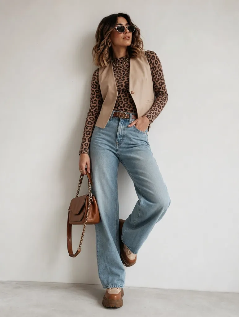 Fall Outfits with Jeans 2026 Leopard Print Top With Tan Vest and Light Wide-Leg Jeans