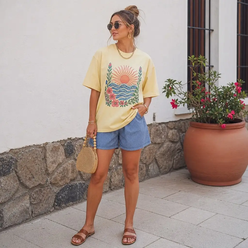 July Outfits Ideas 2026 Yellow Sunset Graphic Tee With Blue Striped Shorts and Tan Sandals