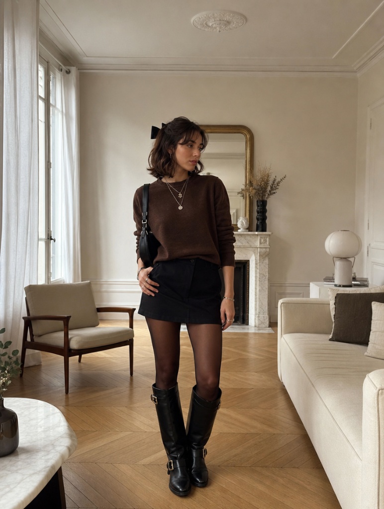 All Outfits with Boots 2026 Brown Sweater and Black Mini for Buckle Riding Boots