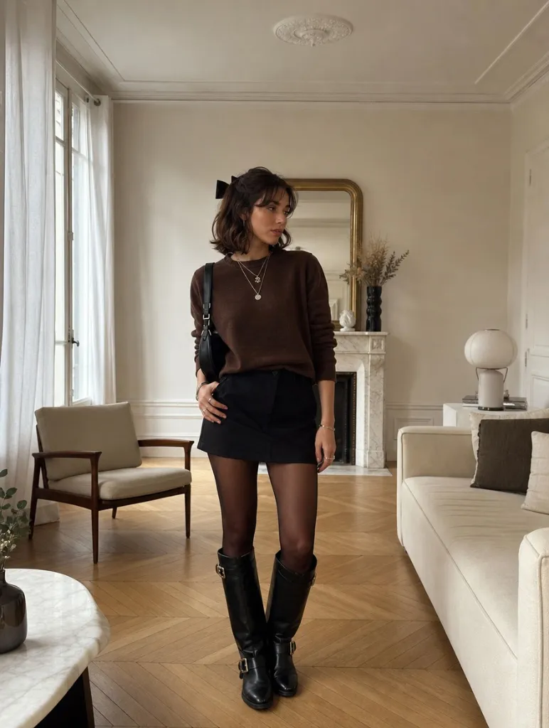 All Outfits with Boots 2026 Brown Sweater and Black Mini for Buckle Riding Boots